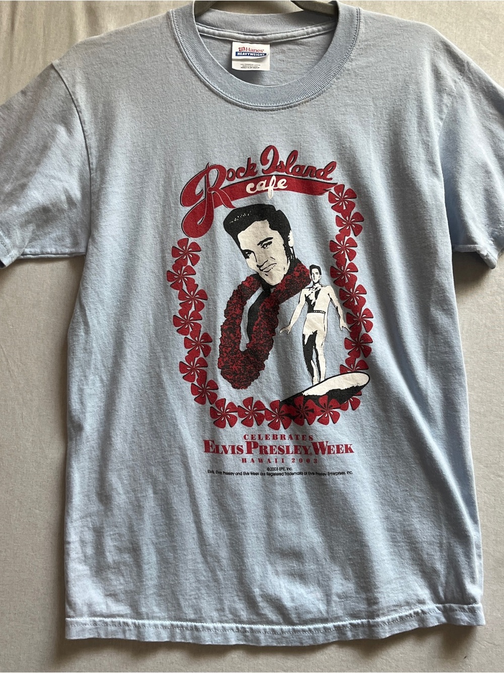 Hanes Light Blue Rock Island Cafe Elvis Presley Week Tee Womens S - 17.5" PTP